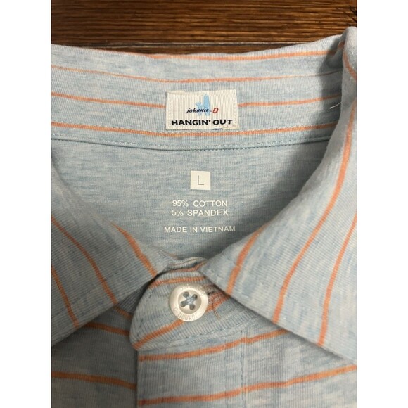 Men’s Johnnie O Hanging Out Size L Light Blue And Orange Striped Polo Golf - Picture 2 of 3